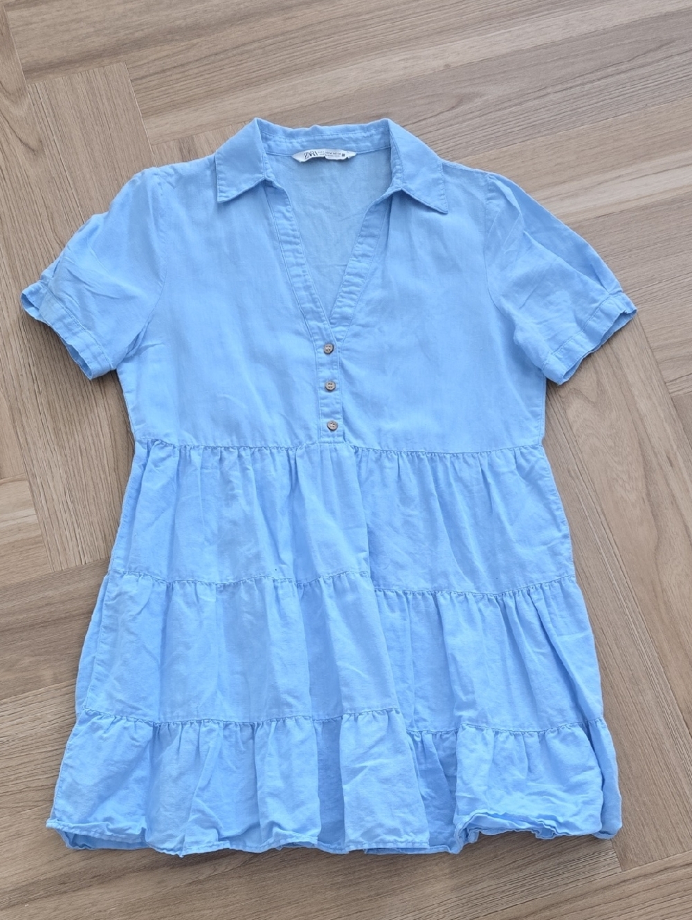 Light Blue Tiered Button-Front Tunic Linen Dress Mefium